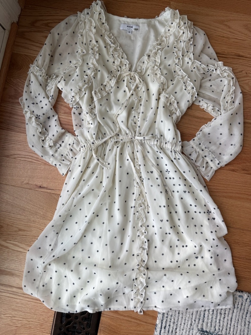 Koché Collective Polka Dot Ruffle Lace-Up Dress Size 36 Sheer Romantic - Picture 7 of 11